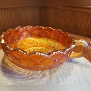 VTG Quilted Pansy Carnival Glass Handled Candy Dish